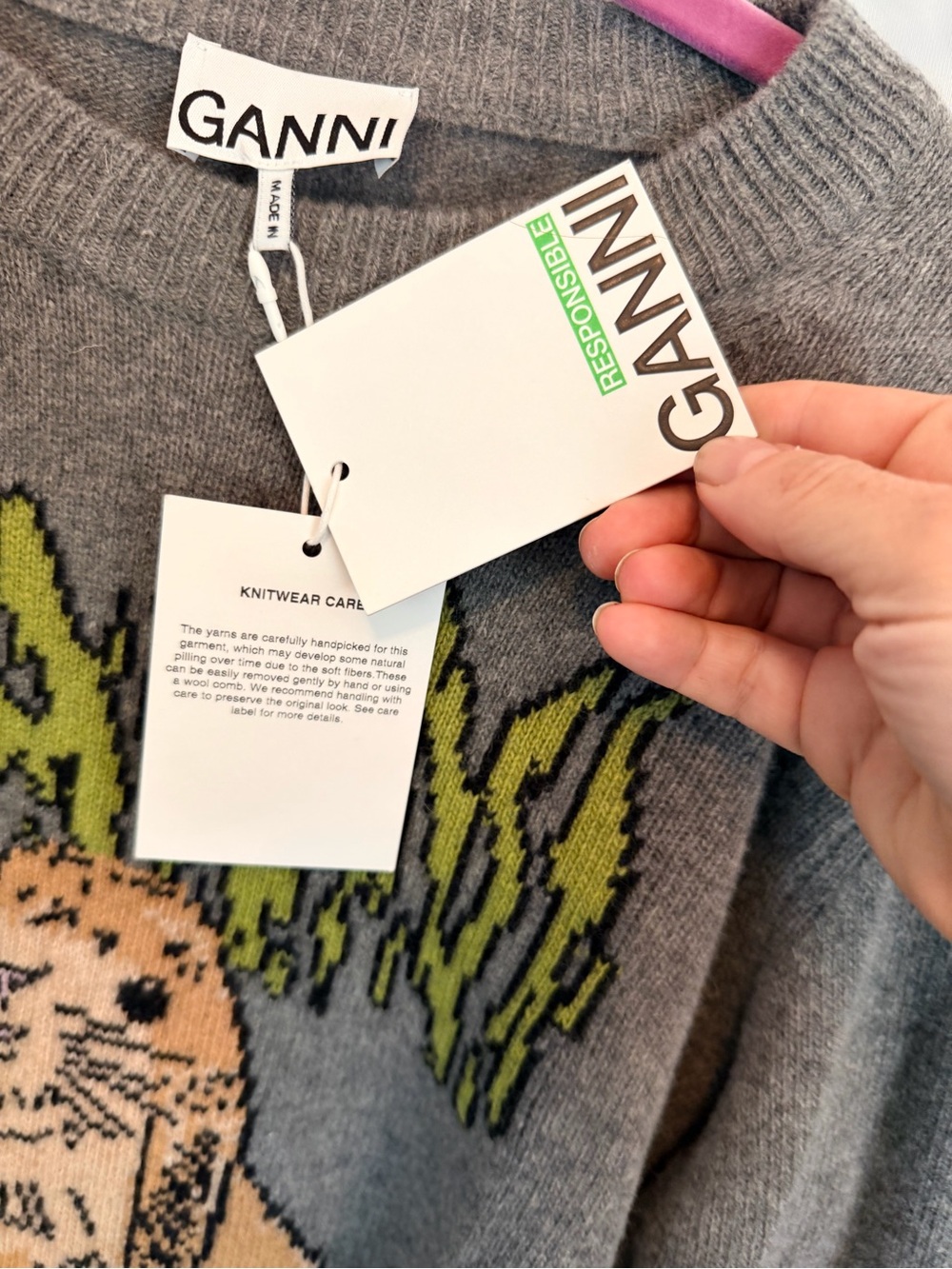 Ganni Gray Sweater with Rabbit Graphic and Lime Logo - Picture 3 of 8